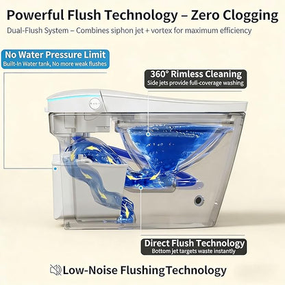 Smart Toilet with Bidet, Foam Shield, UV-C Light, Blackout Flush, Dual Auto Flush, Heated Seat, Air Dryer, Modern Elongated Japanese One Piece Bidet for Bathrooms