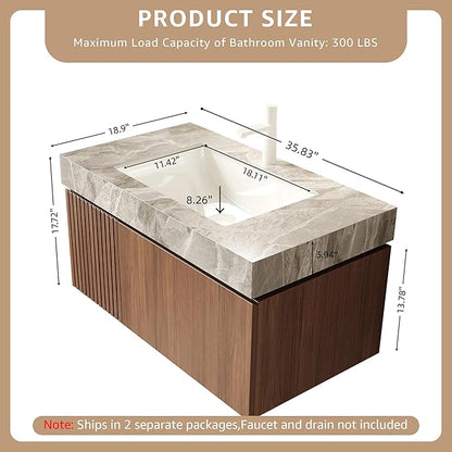 36” Floating Bathroom Vanity with Sink, Wall-Mounted Cabinet with Drawer & Doors, Gray Travertine-Pattern Sintered Stone Top, Undermount Basin, Single Faucet Hole, Soft-Close, Pre-Assembled, Brown Oak