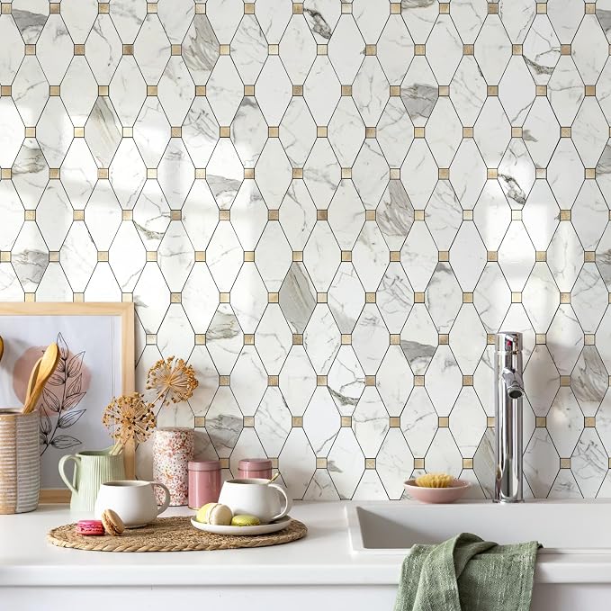 STICKGOO 10 Sheets Peel and Stick Backsplash, Polished Carrara White | PVC Mixed Metal Gold, Waterproof, Self Adhesive Tiles for Kitchen Wall, Bathroom, RV