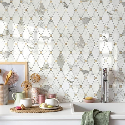 STICKGOO 10 Sheets Peel and Stick Backsplash, Polished Carrara White | PVC Mixed Metal Gold, Waterproof, Self Adhesive Tiles for Kitchen Wall, Bathroom, RV