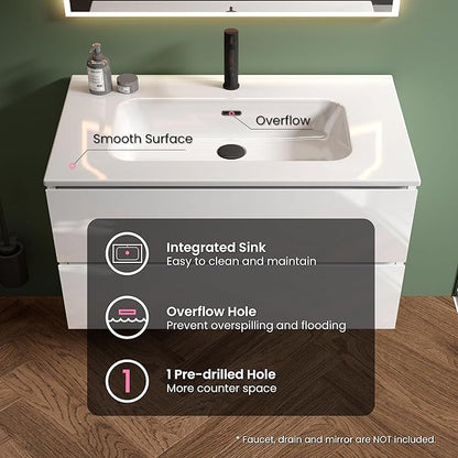 36" Bathroom Vanity with Sink, Modern Floating Vanity with Double Soft-Closing Drawers, Large Storage for Small Space, Glossy White, Fully Assembled - Iris Collection