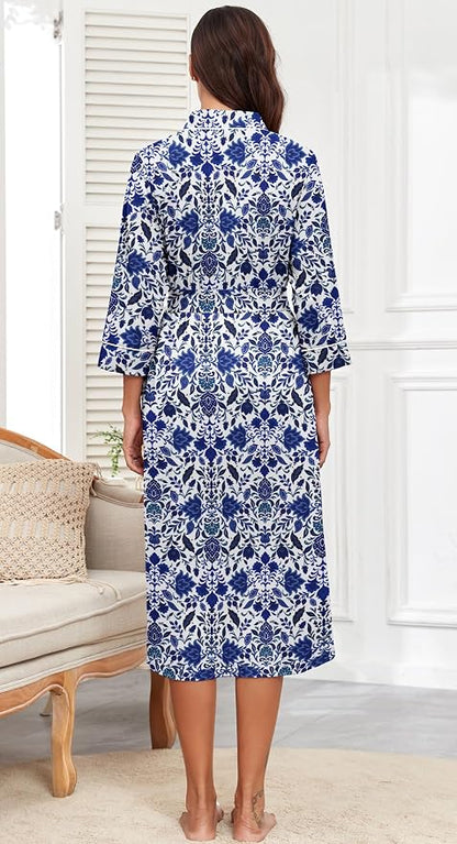 PrinStory Robes for Women 3/4 Sleeve Long Bath Robe XS-4XL | V-Neck Knit Bathrobe with Pockets, Lightweight, Soft, Breathable Robes for Shower, Spa, Travel, Home, Party, Nursing