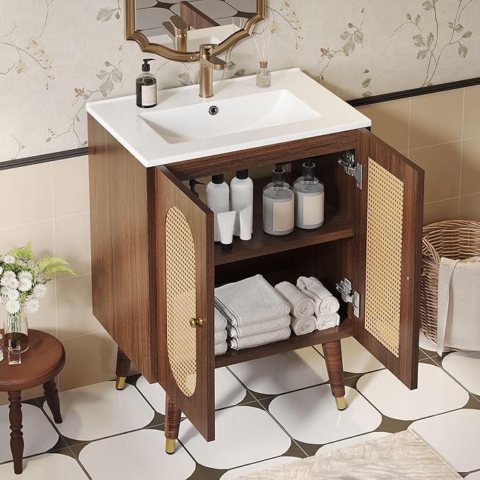 DWVO 24 Inch Rattan Vanity with Sink, Small Freestanding Bathroom Vanity Cabinet, Boho Style with 2 Large Soft-Closing Doors & Four-Sided Water Barrier Strip, Walnut