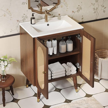 DWVO 24 Inch Rattan Vanity with Sink, Small Freestanding Bathroom Vanity Cabinet, Boho Style with 2 Large Soft-Closing Doors & Four-Sided Water Barrier Strip, Walnut