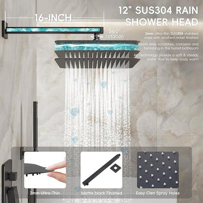 Alesco Shower Faucet Set, Black Shower System with 12-Inch High-Pressure Rainfall Showerheads and Handheld Spray combo, Showerfixture Include Valve and Trim Kit, Matte Black