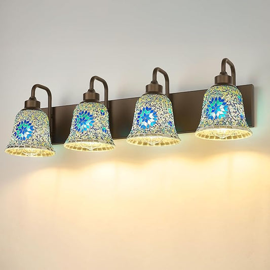 zeyu 4-Light Bathroom Wall Light, 30 Inch Bronze Vanity Lights, Bathroom Lights Over Mirror in Oil Rubbed Bronze Finish with Blue Mosaic Glass, ZSL72B-4W ORB-BL