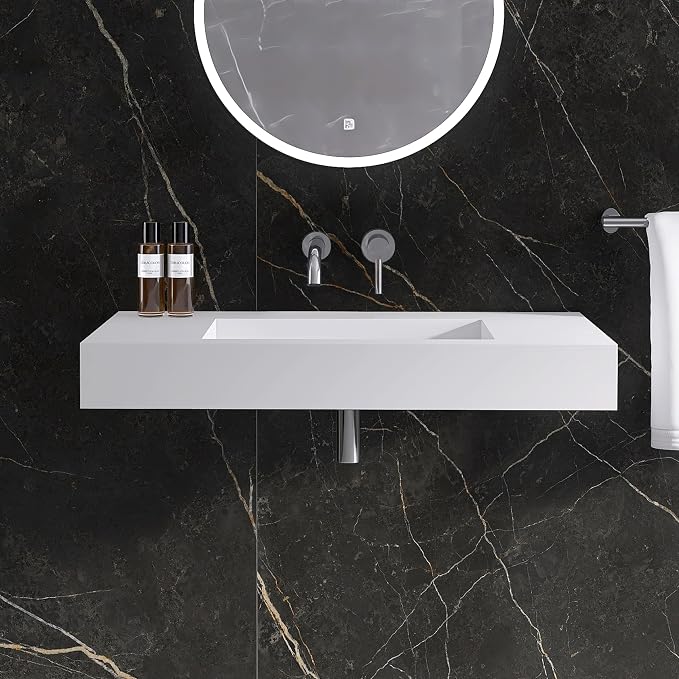 35"X19" Wall Mount Sink, Stone Bathroom Sink without Holes | Matte Bathroom Vanity Vessel Sinks Rectangle, Modern Floating or Countertop Freestanding Wall Hang Sink Bowl