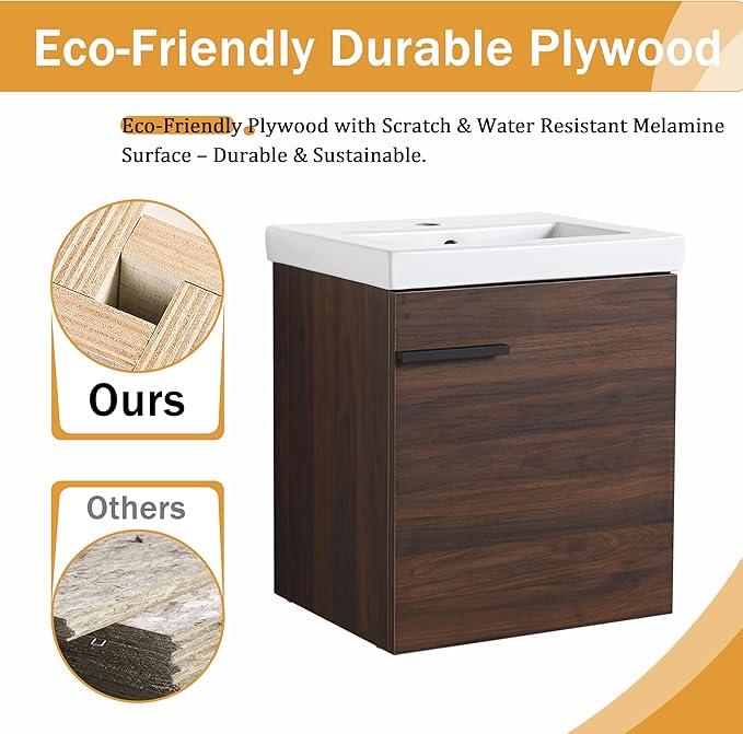 Malwee 18" Floating Bathroom Vanity with Sink, 18 Inch Wall Mounted Bath Cabinet Single Sink Combo for Small Space, with 1 Soft Close Door and White Ceramic Basin Top, Space-Saving Design (017-CAW)