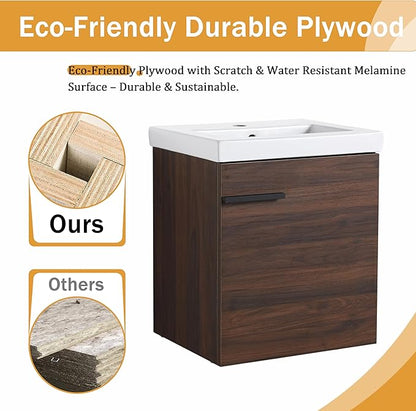 Malwee 18" Floating Bathroom Vanity with Sink, 18 Inch Wall Mounted Bath Cabinet Single Sink Combo for Small Space, with 1 Soft Close Door and White Ceramic Basin Top, Space-Saving Design (017-CAW)