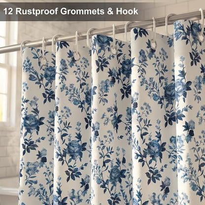 Farmhouse Blue Floral Shower Curtain, Fabric Faux Linen Shower Curtain Set with 12 Rings, Vintage Cottagecore Boho Shower Curtains for Bathroom 72" W x 72" L （Beige + Blue