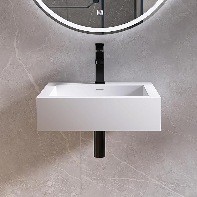 Small Vessel Sink, Stone Resin 19" x 19" Wall Mount Bathroom Sink | Floating Sinks with Overflow, Square Solid Surface Floating Vessel Sinks, White