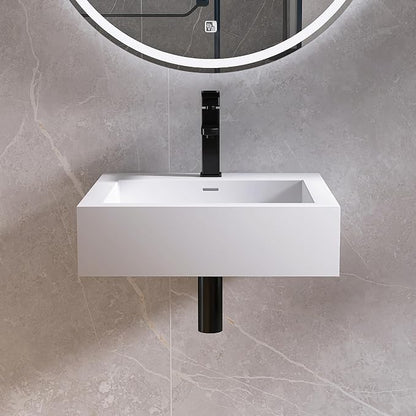 Small Vessel Sink, Stone Resin 19" x 19" Wall Mount Bathroom Sink | Floating Sinks with Overflow, Square Solid Surface Floating Vessel Sinks, White