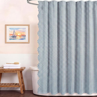 HunnmingRe Scalloped Gingham Shower Curtain Dust Blue | 72'' x 72'' Vintage Farmhouse Curtain, Cotton Cottage Core Rural Checkered Plaid Decor, Fall Shower Curtain for Bathroom