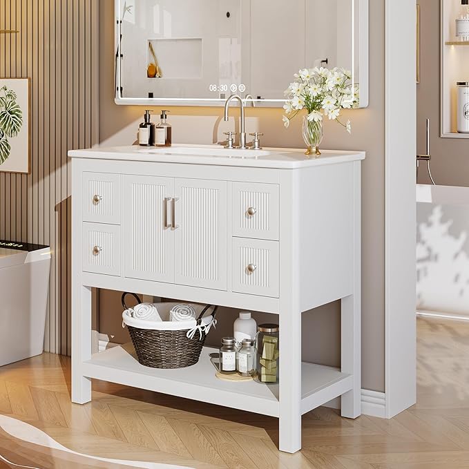 Tribesigns 36" Modern Bathroom Vanity with Sink, Freestanding Bathroom Vanities Cabinet Combo, Bathroom Sink Cabinet with 2 Doors and 1 Drawer, Solid Wooden Frame, White