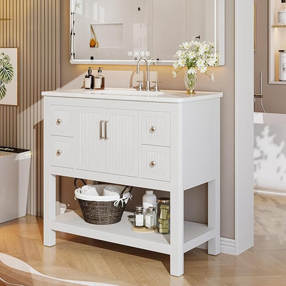 Tribesigns 36" Modern Bathroom Vanity with Sink, Freestanding Bathroom Vanities Cabinet Combo, Bathroom Sink Cabinet with 2 Doors and 1 Drawer, Solid Wooden Frame, White