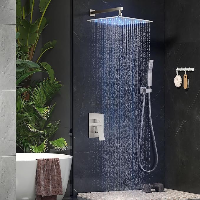 Aolemi Shower Faucet Set with Valve Handheld 16" LED Head Brushed Nickel | Handheld Spray,16 Inch Rain LED Head,Valve and Trim Kit,All Metal,Wall Mount Shower System,Bathroom Mixer
