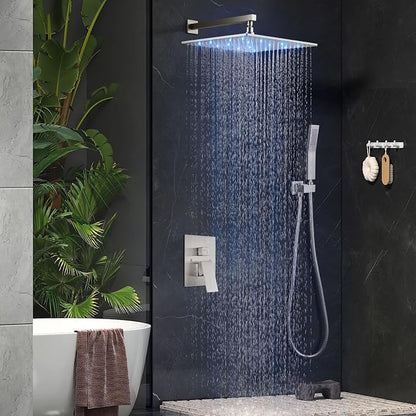 Aolemi Shower Faucet Set with Valve Handheld 16" LED Head Brushed Nickel | Handheld Spray,16 Inch Rain LED Head,Valve and Trim Kit,All Metal,Wall Mount Shower System,Bathroom Mixer