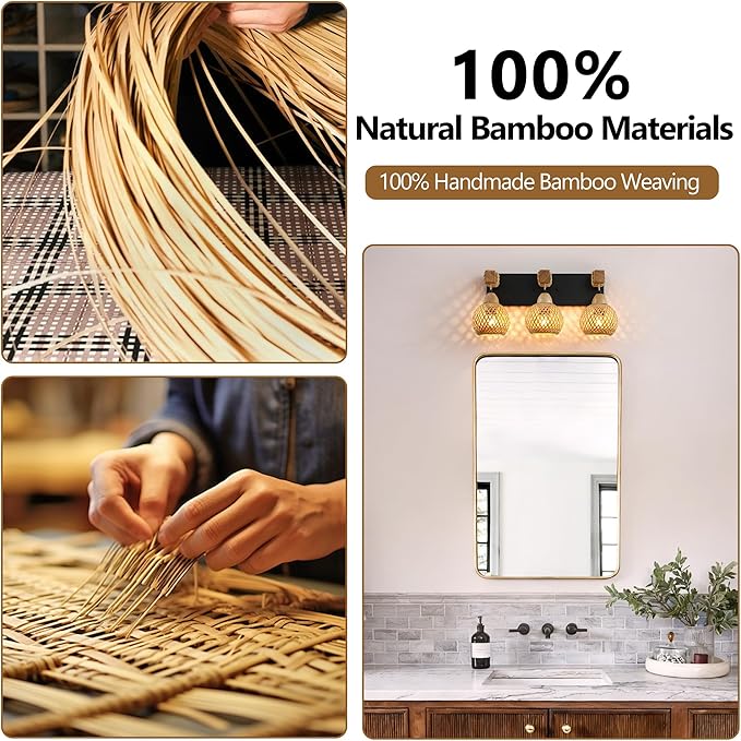 Farmhouse Bathroom Light Fixture, 3-Light Boho Vanity Light, Bamboo Bathroom Light Fixture Over Mirror Rustic Vanity Lighting with Handmade Bamboo Shades, Suit for Restroom, Bedroom, Hallway