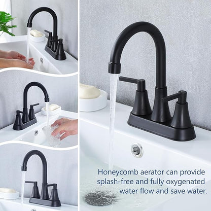 VCCUCINE Bathroom Faucet Matte Black 2 Handle,4-Inch Centerset Bathroom Sink Faucet with pop-up Drainer and 2 Water Supply Hoses, 360°Swivel Spout Bath Rv Lavatory Vanity,2 Pack,VC-MC-010B-2