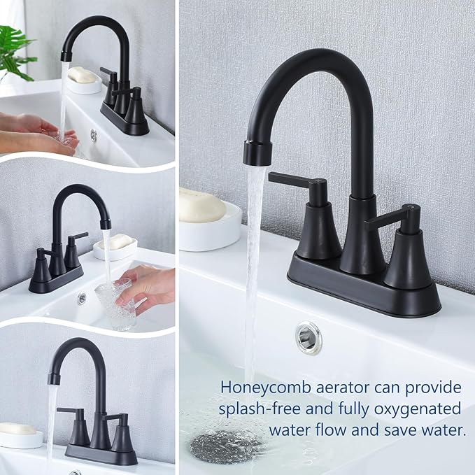 VCCUCINE Bathroom Faucets for Sink 3 Hole, Hurran 4 inch Matte Black with Pop-up Drain and 2 Supply Hoses, Stainless Steel 2-Handle Centerset Faucet for Sink Vanity,VC-MC-010B