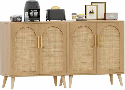 Rovaurx Set of 2 Rattan Storage Cabinet with Doors, Accent Bathroom Floor Cabinet, Modern Sideboard Buffet for Living Room, Entryway, Dining Room and Kitchen, Natural BMGZ108M02 | Set of 2, with Doors