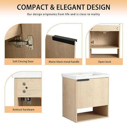 20 Inch Floating Vanity for Small Space, 20" Bathroom Vanity with Sink, Single Sink Bathroom Vanity Combo, Modern Bathroom Vanity, Brown Wall Mounted Cabinet Set