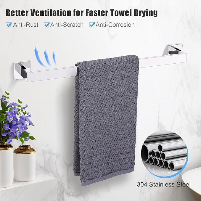 TURS Bathroom Hardware Set Chrome 4-Piece Towel Bar Set Include 24 Inch Towel Bar Towel Ring Towel Hook Toilet Paper Holder with Shelf Wall Mounted.