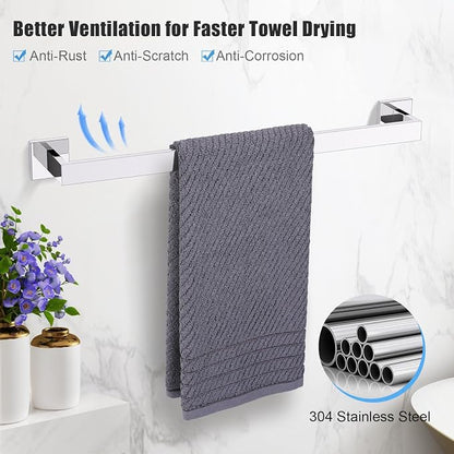 TURS Bathroom Hardware Set Chrome 4-Piece Towel Bar Set Include 24 Inch Towel Bar Towel Ring Towel Hook Toilet Paper Holder with Shelf Wall Mounted.