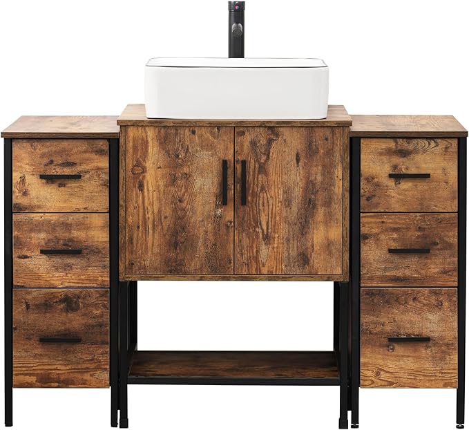 UEV 48" Rustic Brown Bathroom Vanity with Sink Combo,Industrial Iron Frame Bathroom Cabinet Sets with Double 3 Drawers Side Cabinet,Modern Artistic Ceramic Vessel Sink(031WH)