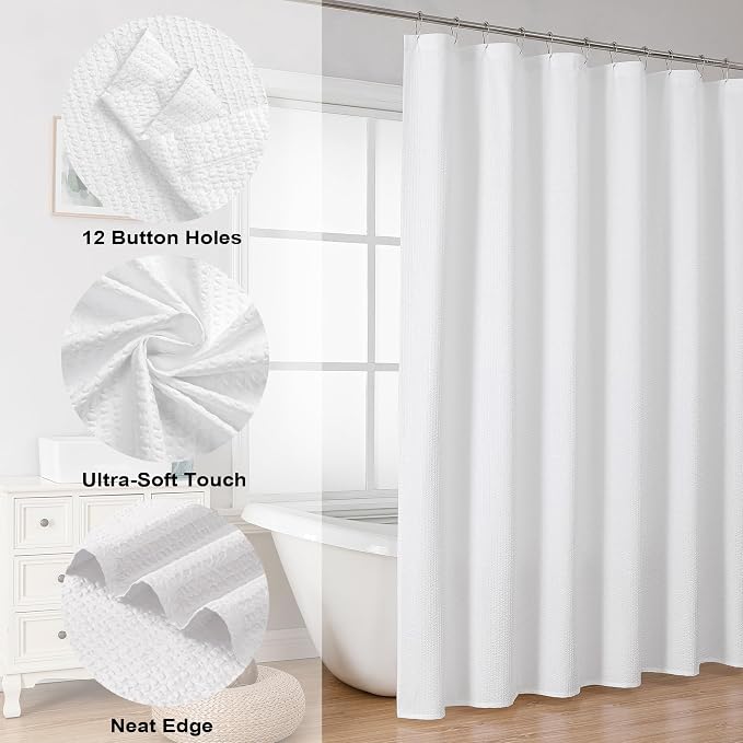 Berry Extra Long White Shower Curtain 96 Inch Long, 3D Embossed Texture Fabric Bathroom Shower Curtain, Large Hotel Bath Curtain with 12 Holes, Washable Cloth Shower Curtains, 72x96, White