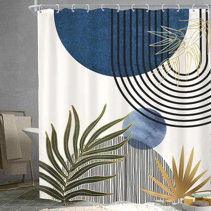 KOMLLEX Mid Century Blue Green Boho Extra Long Bathroom Shower Curtain Set | 72Wx84H Abstract Plant design, waterproof HD print with fast-drying fabric and 12 hooks.
