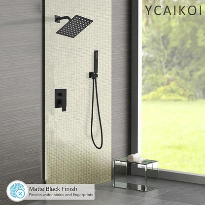 Matte Black Shower System, 8 Inch High Pressure Rain Shower with Handheld, Wall Mount Shower Faucet Set for Bathroom, Rough-in Valve Body and Trim Included