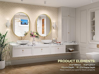 Brightify Gold Oval Mirror for Bathroom 26x38 Inch, Metal Framed Bathroom Vanity Mirrors, Modern Wall Mirror for Bedroom Living Room Wall Decorative Hang Vertical and Horizontal