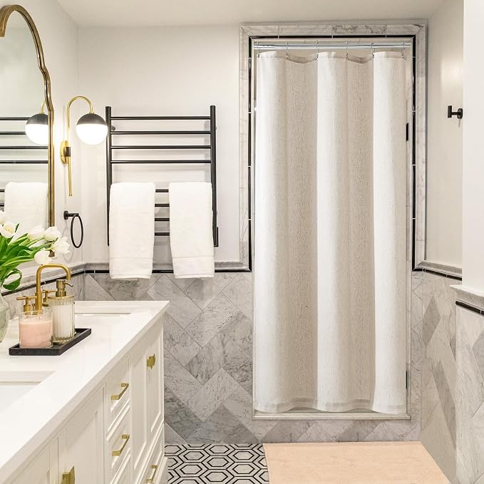 Beige Linen Shower Curtain for Bathroom Water Repellent 36x72 Inch | Small Stall Narrow Size Half, Shower Curtains, Tan Earthy Tone, Boho Farmhouse Rustic, RV Drapes, with Hooks, 36 x 72 Inches