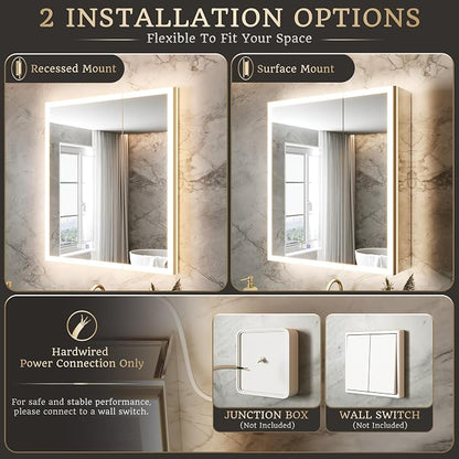 28x32 Lighted Medicine Cabinet, Separate Front & Back Lights | Surface/Recessed LED Medicine Cabinet for Bathroom with Side Mirrors, Dimmable Light, Anti-Fog, Memory,Silver Aluminum Frame