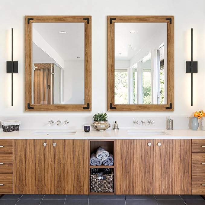 Wood Framed Bathroom Vanity Mirror for Wall, 26"x38" Farmhouse Mirror | Solid Wood Frame, HD Shatterproof Glass, Vertical/Horizontal Hanging, Ideal for Bathroom, Living Room, Bedroom