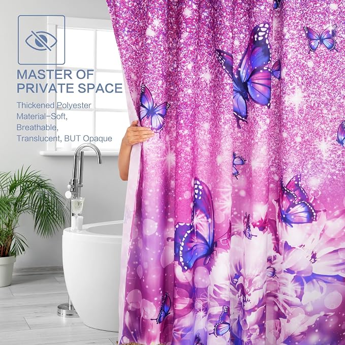 Modern Shower Curtain, Flower Butterfly Shower Curtain Purple Shower Curtain Sets Waterproof Polyester Fabric Machine Washable Home Farmhouse Office Decor Bath Curtains