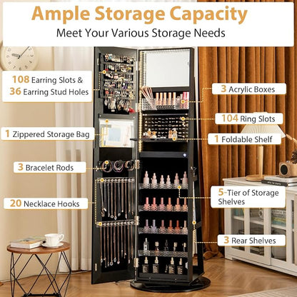 GOFLAME 360° Swivel Jewelry Cabinet Armoire with Full Length Mirror, Standing Jewelry Storage Organizer with Rear Storage Shelves, 3-Color LED Lights, Foldable Shelf, Interior Mirror, Black