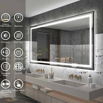 OKPAL 60x28 LED Bathroom Mirror, Black Framed Lighted Bathroom Mirror, Lighted Vanity Mirror with Lights, Dimmable, Anti-Fog, 3 Colors, Memory, Shatterproof, ETL Listed (Front and Backlit)