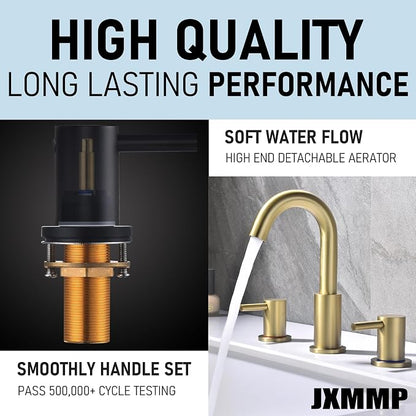 Brushed Gold Bathroom Faucet 3 Hole, 8 in Gold Widespread Bathroom Sink Faucet with Pop Up Drain and Supply Lines, Stainless Steel 2 Handle Gold Sink Faucet for Bathroom Vanity