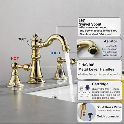 Gold Finish Bathroom Faucet 8 Inch Widespread Polished Brass,Two-Handle Sink Faucet 3 Hole with Brass Pop up Drain Assembly, F-8303-PB