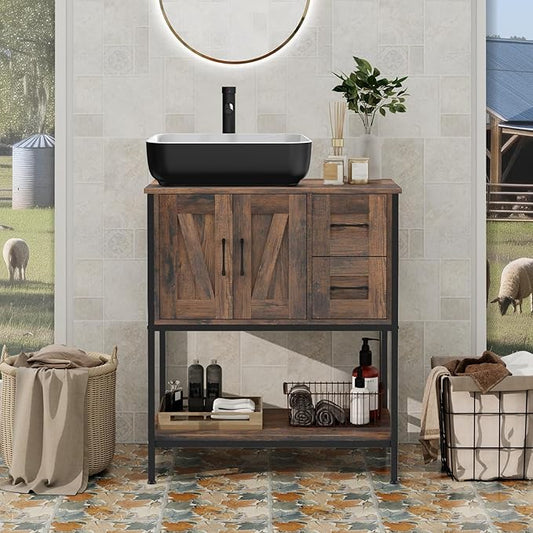 YOURLITE Bathroom Vanity, 30" Rustic Brown Bathroom Vanity with Sink Combo Set, Farmhouse Modern Wood Bathroom Cabinet with Black Ceramic Vessel Sink