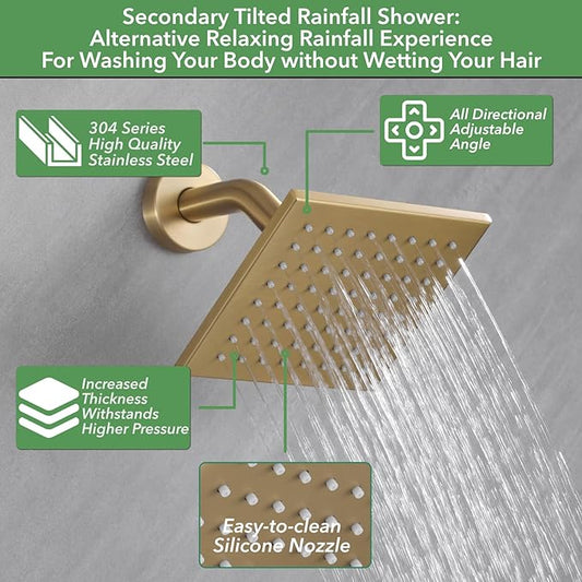 VANFOXLE Shower Faucet Set Brushed Rose Gold Shower System,Shower Faucet with 2 in 1 Handheld,Ceiling Mount 16 Inch LED Shower Head+6 Inch Shower Head(Rough-in Valve Body and Trim)