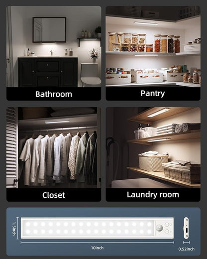 10inch Under Cabinet Lights, Motion Sensor Light Indoor, Wireless Closet Lights, 1800mAh Rechargeable Battery, Magnetic, 5 Levels Dimmable, Under Counter Lights for Kitchen, Bathroom (2 Pack)