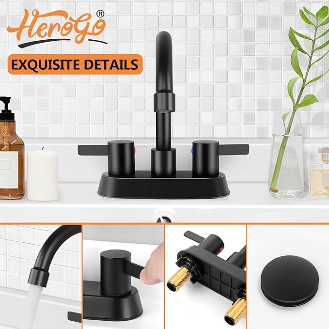 Herogo 2-Handle Centerset Bathroom Faucet Matte Black, Stainless Steel Vanity Sink Faucet 2-3 Hole with Drain Assembly, 360 Swivel Spout and Supply Hose for Farmhouse RV