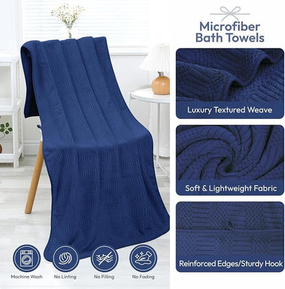 JML Microfiber Bath Towels, 2 Pack, 27x55 in, Navy | Soft, Super Absorbent, Quick Dry, Lint-Free, Lightweight Bathroom Towel with Hanging Loop for Daily Use
