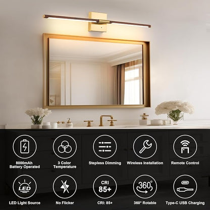 Morauroral Walnut Gold Battery Operated Wall Sconce with Remote Control, Rechargeable Wall Sconces Set of 2, LED Wireless Wall Light, Modern Sconce Wall Decor for Bedroom, Living Room