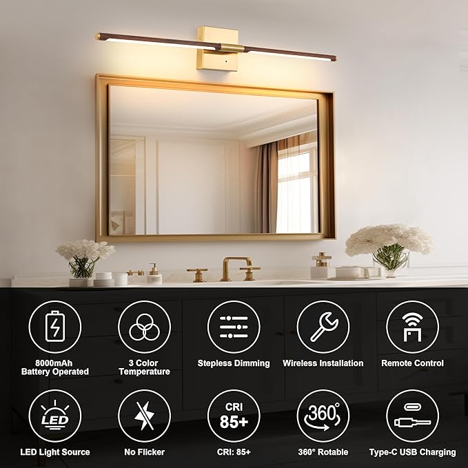 40″ Walnut Battery Operated Wall Sconces Set of Two, Dimmable Wall Sconce with Remote Control, Rechargeable Sconces Wall Lighting, LED Wireless Wall Lights for Bedroom, Living Room