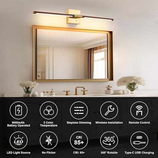 40″ Walnut Battery Operated Wall Sconces Set of Two, Dimmable Wall Sconce with Remote Control, Rechargeable Sconces Wall Lighting, LED Wireless Wall Lights for Bedroom, Living Room