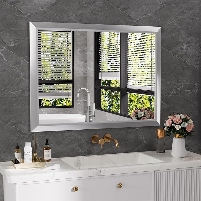 Bathroom Mirror for Wall, 40x30 Inch (Brushed Silver) | HD Reflection, Tempered Glass, Thick Metal Framed Rectangle Mirrors for Over Sink, Bedroom, Living Room, Entryway, Anti-Rust